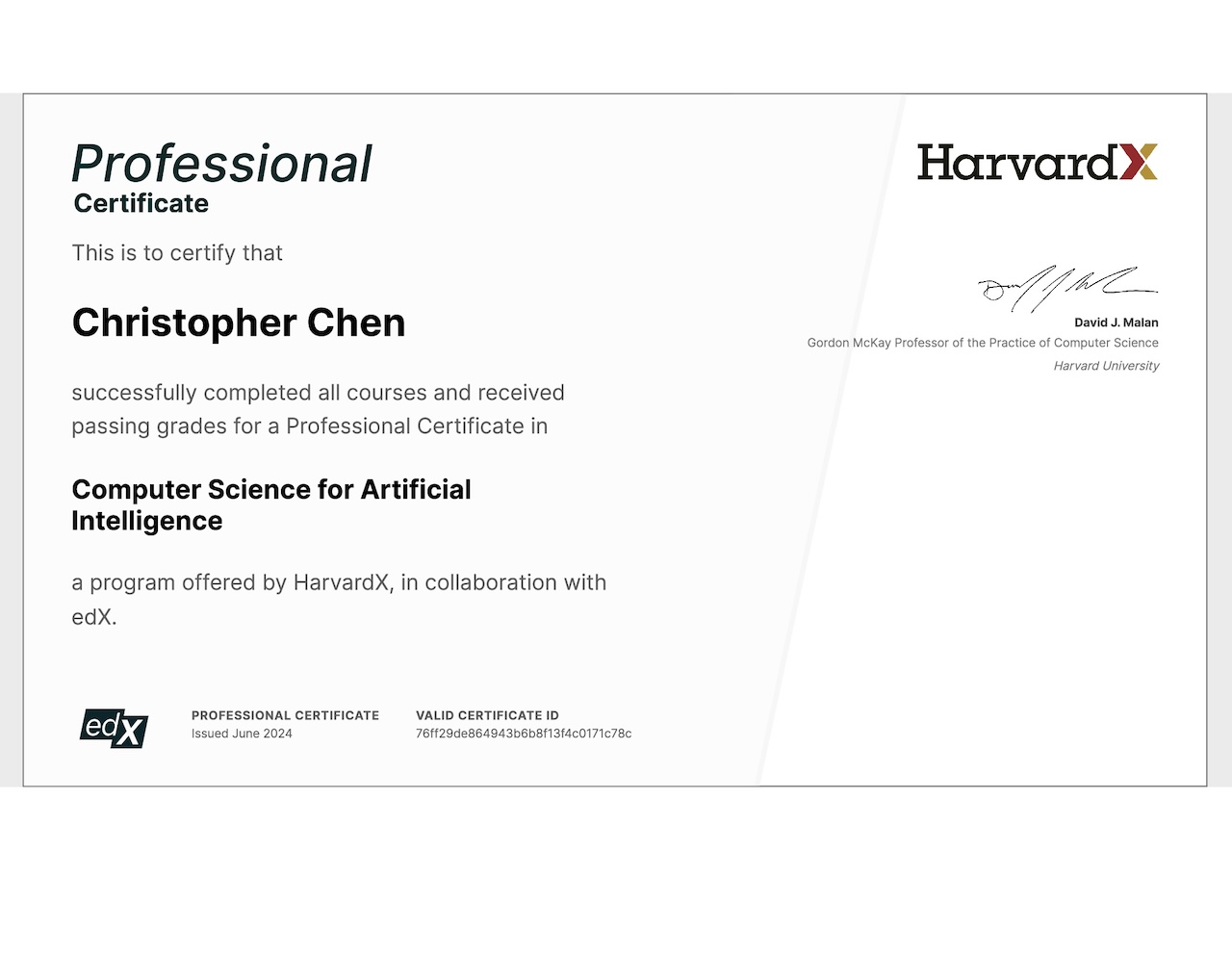 certificate in artificial intelligence from Harvard