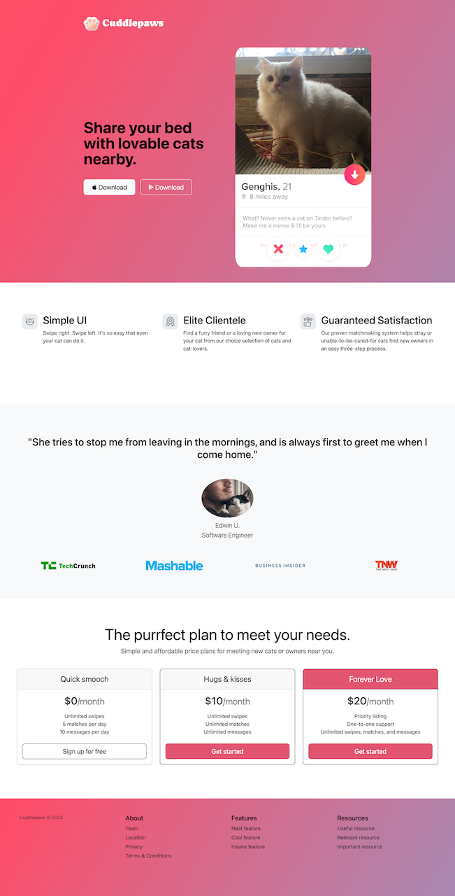 landing page of app