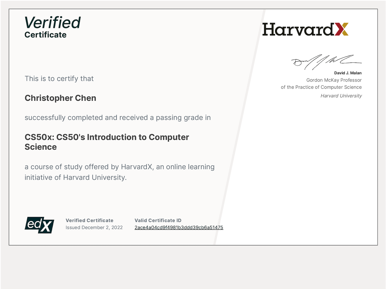 CS50 certificate from Harvard