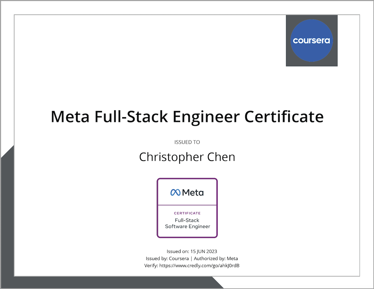 certificate in full-stack development from Meta