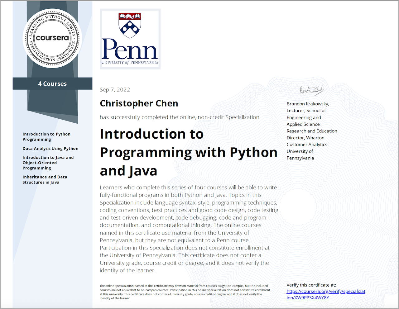 certificate in python and java from UPenn